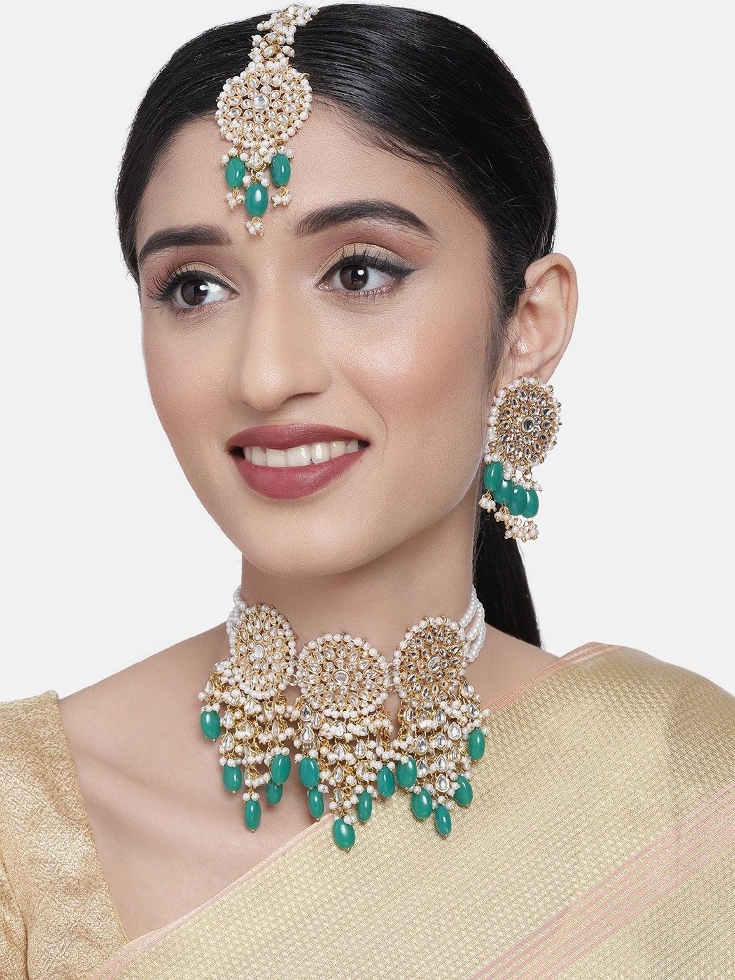 Zaveri Pearls Green Beads Bridal Kundan Choker Necklace Earring & Maangtikka Set-ZPFK10289