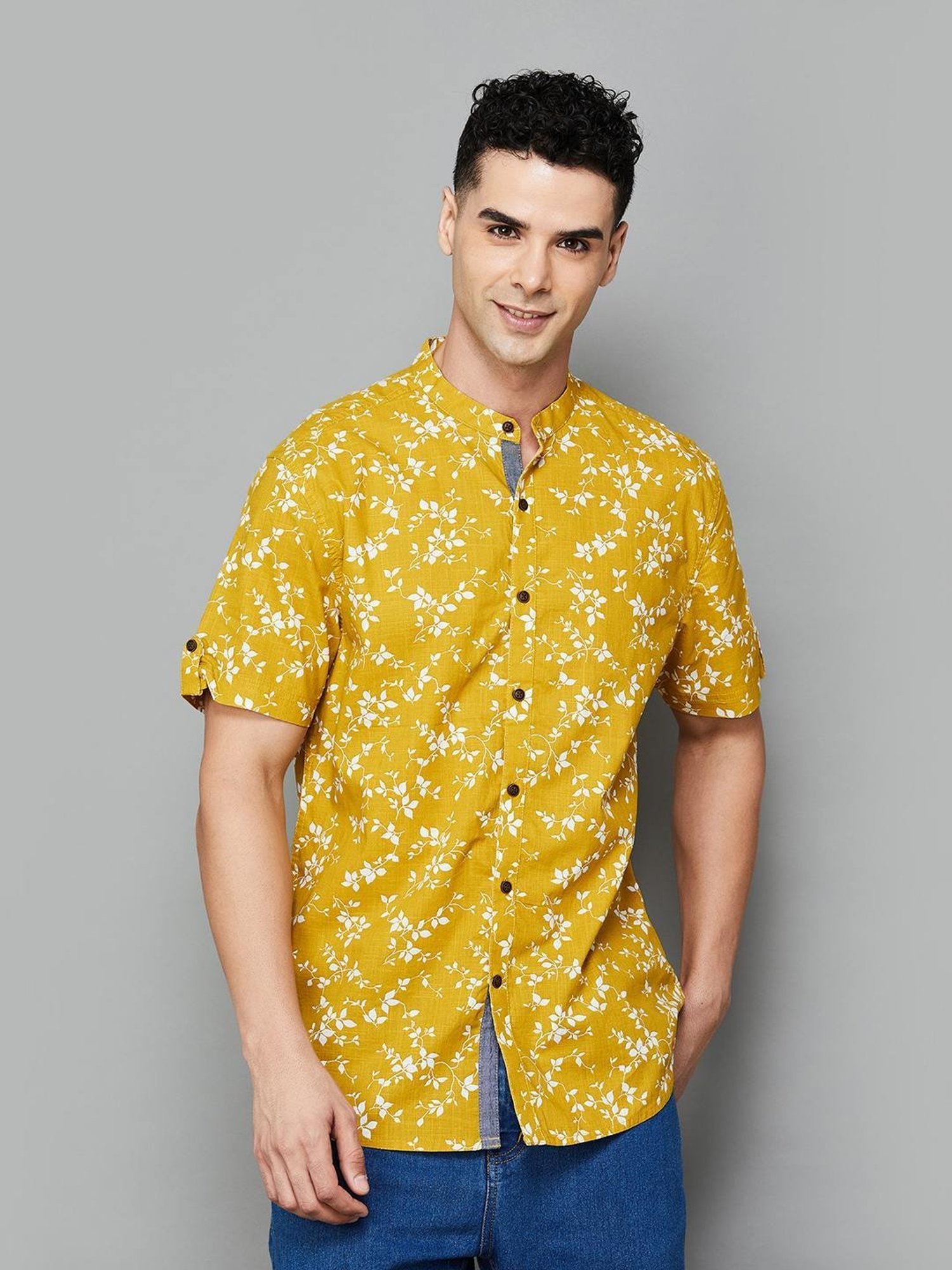 Melange By Lifestyle Mustard Cotton Regular Fit Printed Shirt