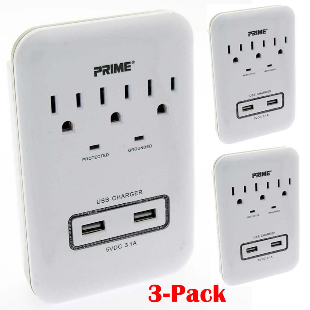 Fuji Labs PRIME Series 3 -Pack 3-Outlet Surge Protector with 2 USB Ports, 3.1A, 900J Protection