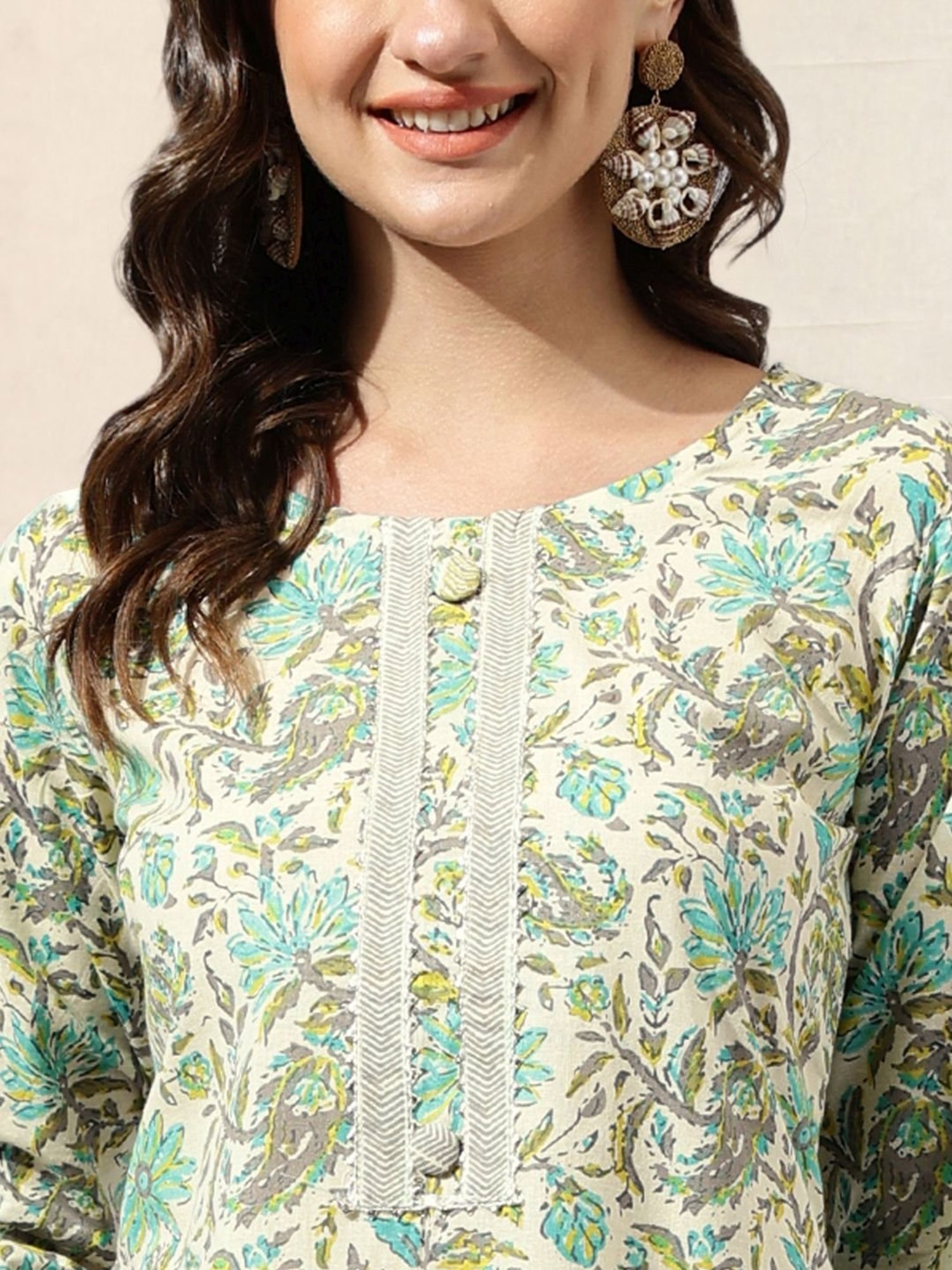 MIRCHI FASHION Cotton Beige & Blue Floral Print Kurta Pant Set