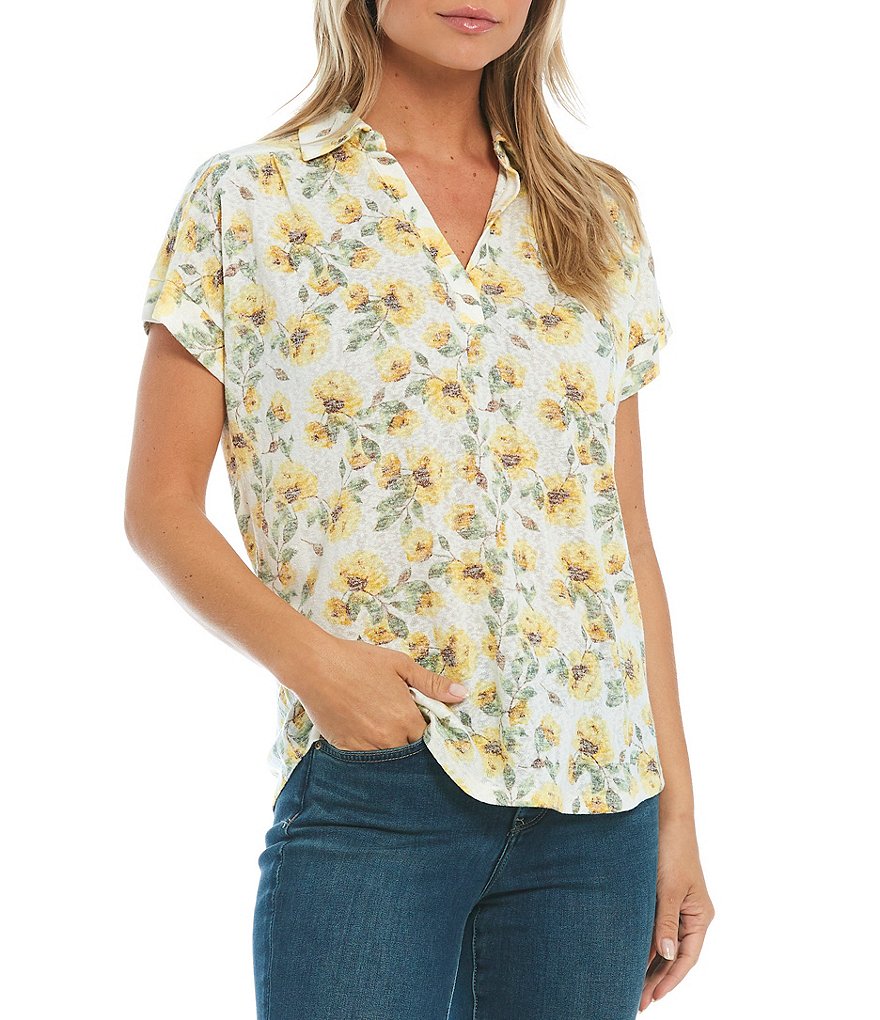 Bobeau Yellow Floral Print Point Collar Short Cuffed Dolman Sleeve Top