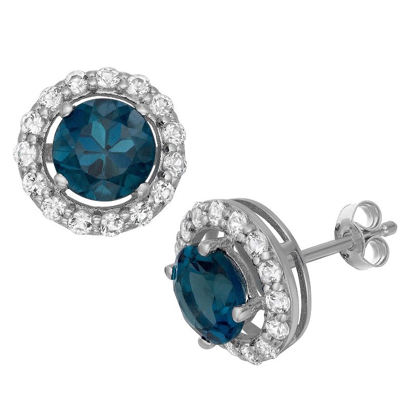 6mm Round-Cut London Blue Topaz Halo Earrings in Sterling Silver
