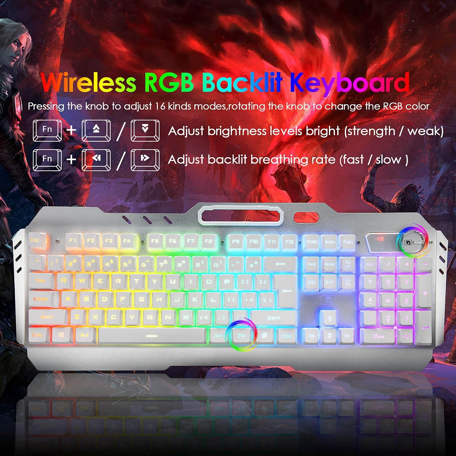 Wireless Gaming Keyboard and Mouse,Rechargeable16 Kinds RGB LED Backlit  Keyboard Mouse with 4800mAh Battery Metal Panel,Mechanical Feel and Gaming Mute Mouse for Computer Gamers