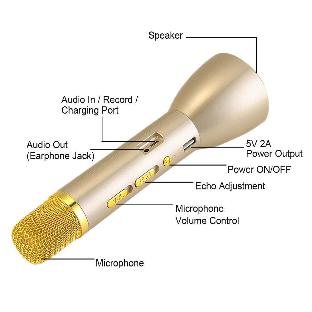 K088 Wireless Condenser Microphone Karaoke Player Recording Singing Microphone Bluetooth Speaker 2600mAh Power Bank for iPhone iPad Android Smart Phone PC Gold