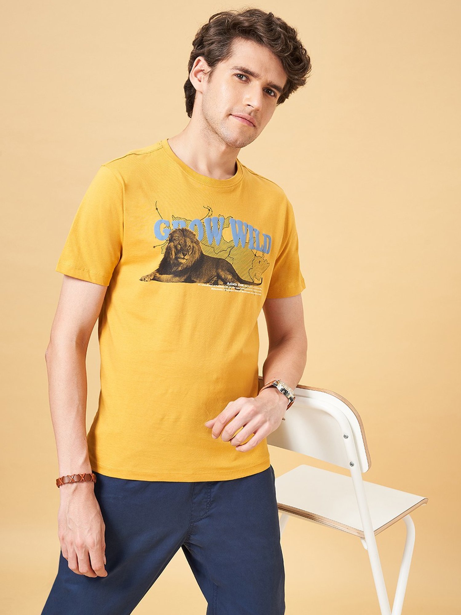 Urban Ranger by Pantaloons Chinese Yellow Cotton Slim Fit Printed T-Shirt