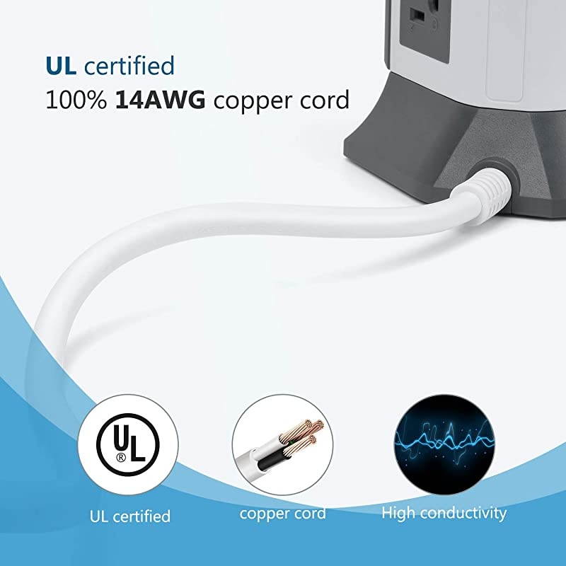 Surge Protector Power Strip Tower  12 AC Outlets 3000W 15A and 5 USB Slots 8A Desktop Smart Charging Station Multiple Protection Heavy Duty 65ft 14 AWG Cord White and Gray