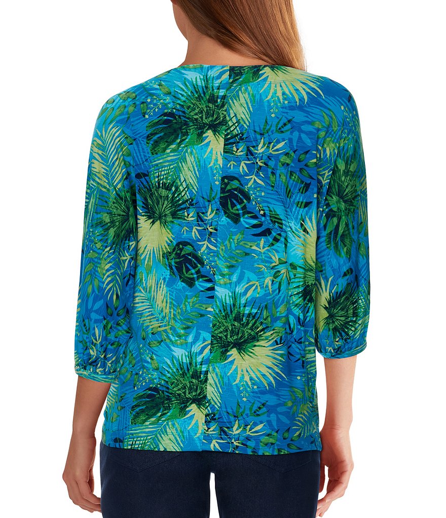 Ruby Rd. Tropical Palm Print Slub Knit Jersey Ballet Neck 3/4 Dolman Sleeve Top