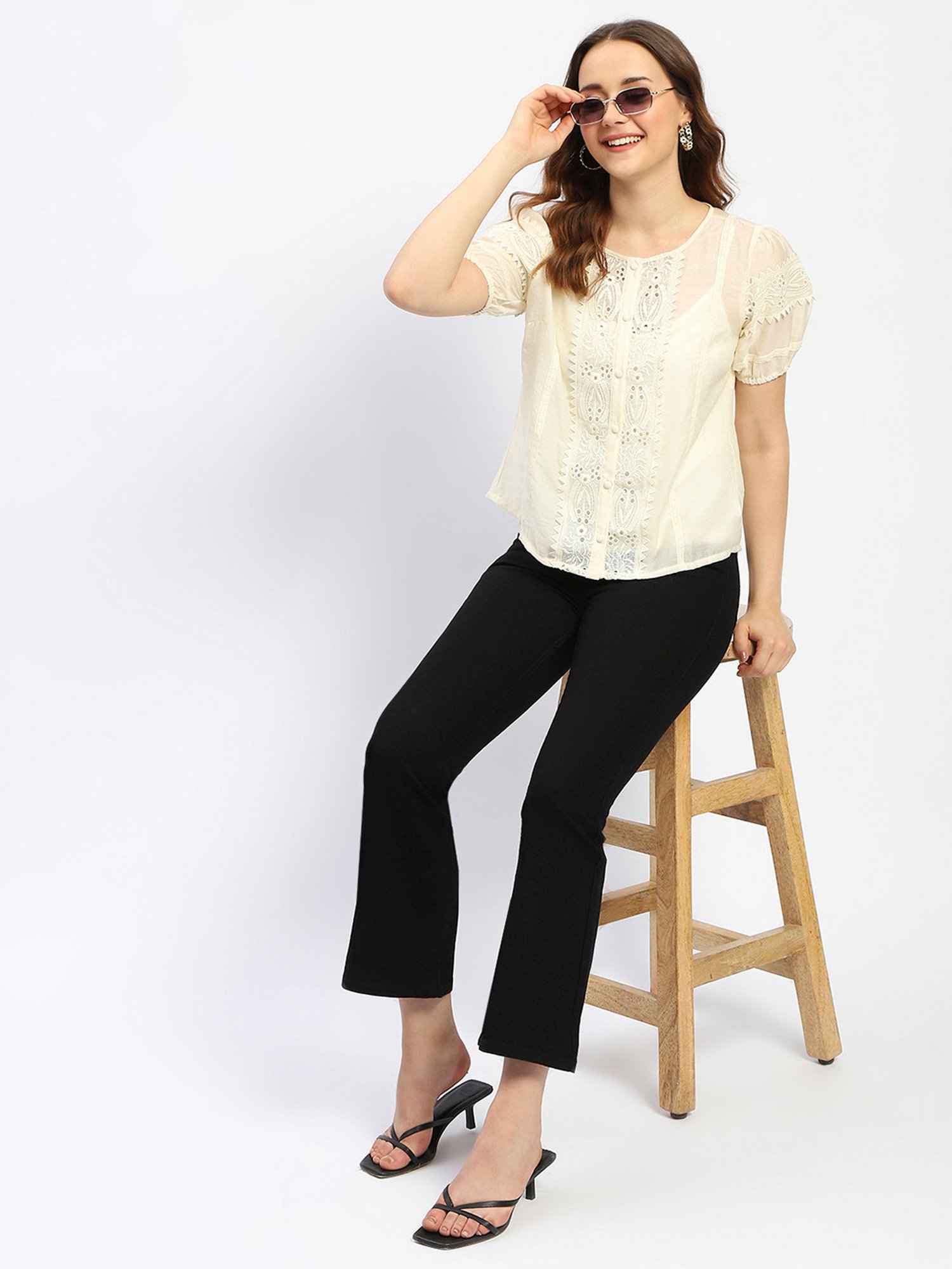 MADAME Cream Cotton Self Design Top