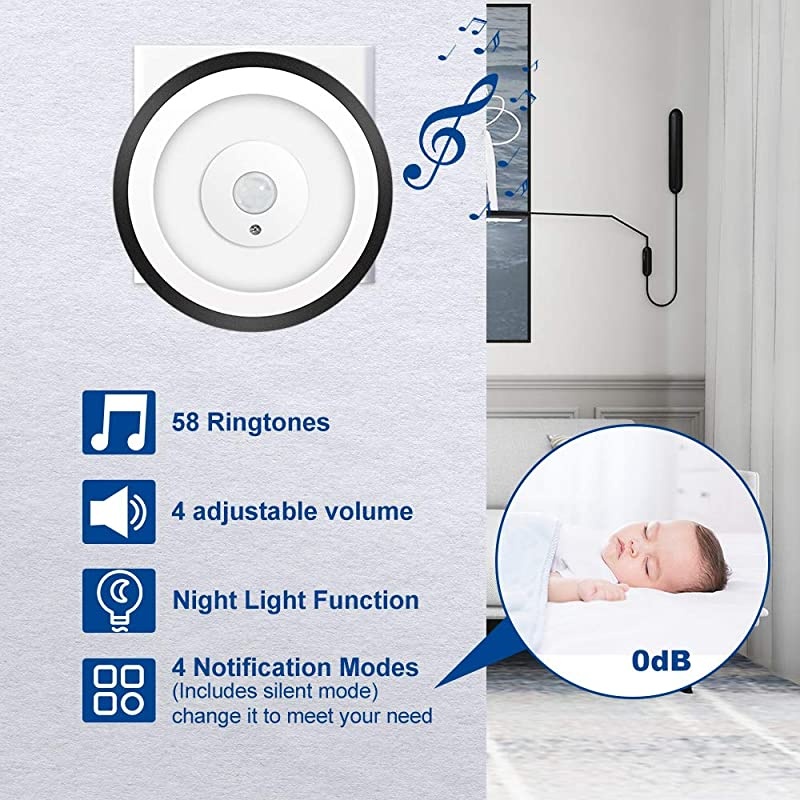 WiFi Video Doorbell Receiver  Camera Video Chime with 58 Ringtones 4 Adjustable Volume Levels Night Light Black Receiver Doorbell Receiver only