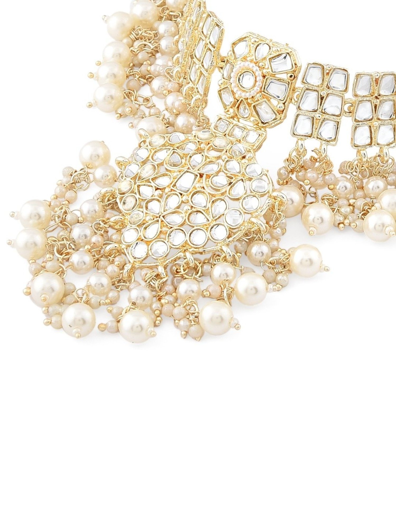 Zaveri Pearls Gold Tone Kundan & Pearls Necklace, Earring, Maangtikka & Ring Set