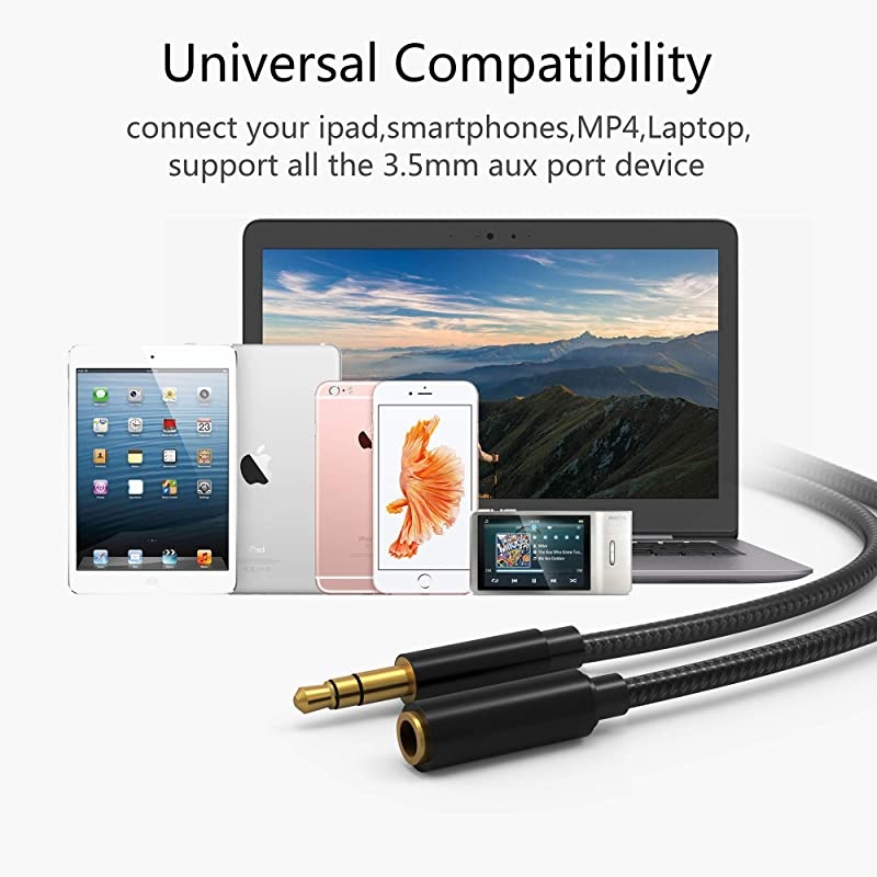 Audio Auxiliary Stereo Extension Audio Cable 35mm Stereo Jack Male to Female Stereo Jack Cord for Phones Headphones Speakers Tablets PCs MP3 Players and More 10FT 3M NylonBlack