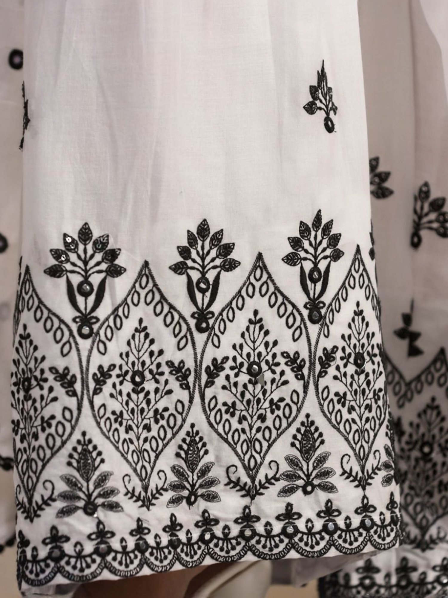 SCAKHI White Mulmul Sequin And Mirror Embroidered Peplum Kurta With Sharara And Dupatta