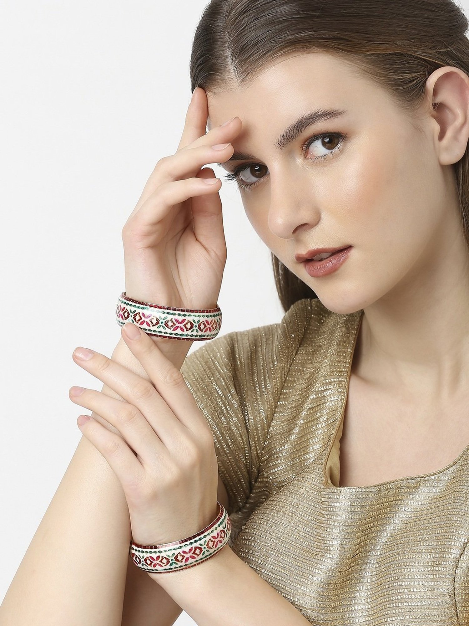 Oomph Jewellery White Red & Green Meenakari Floral Design Brass Bangles - Set of 2