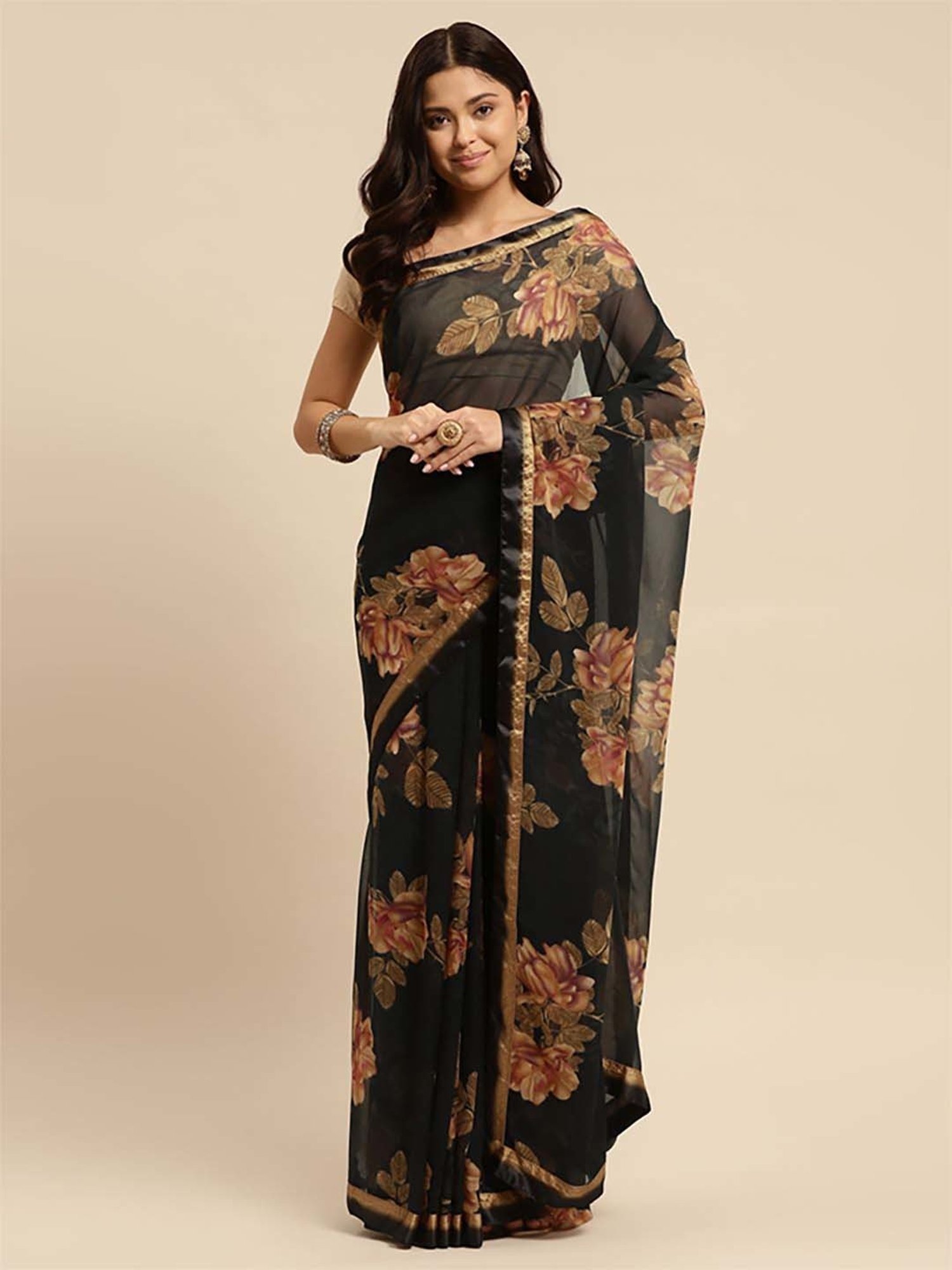 Rangita Black Floral Print Saree With Unstitched Blouse