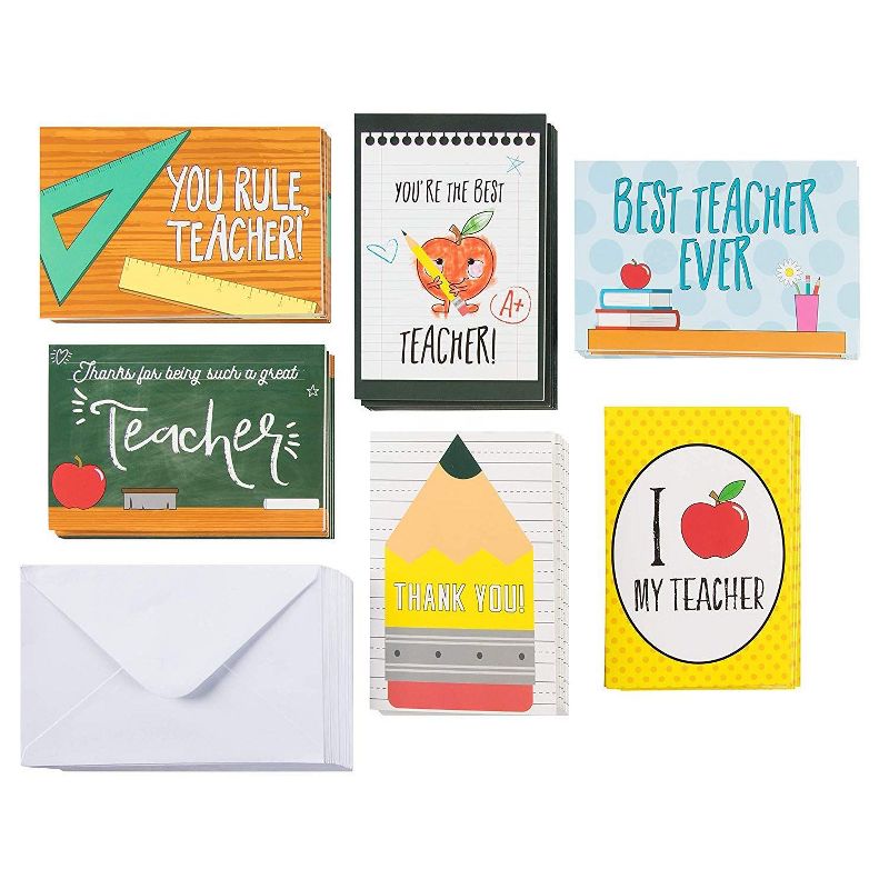 Sustainable Greetings 48-Pack Teacher Appreciation Cards for Kindergarten and Elementary, 6 Designs (4 x 6 In)