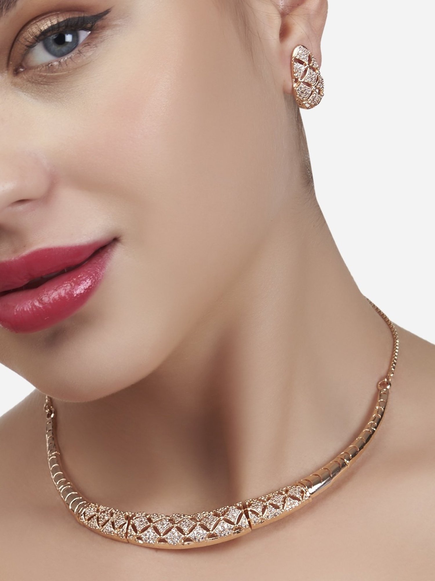 Zaveri Pearls Rose Gold Cubic Zirconia Party Bling Necklace & Earring Set-ZPFK15274