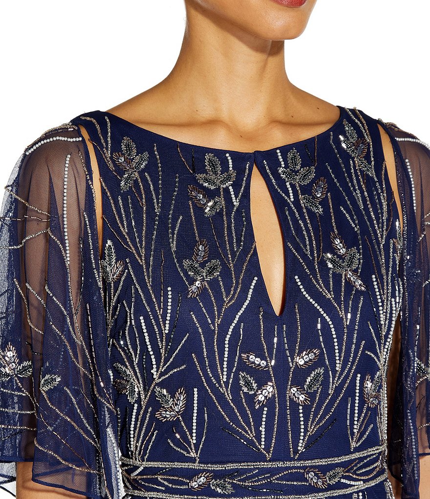 Aidan Mattox Flutter Sleeve Floral Beaded A-Line Gown