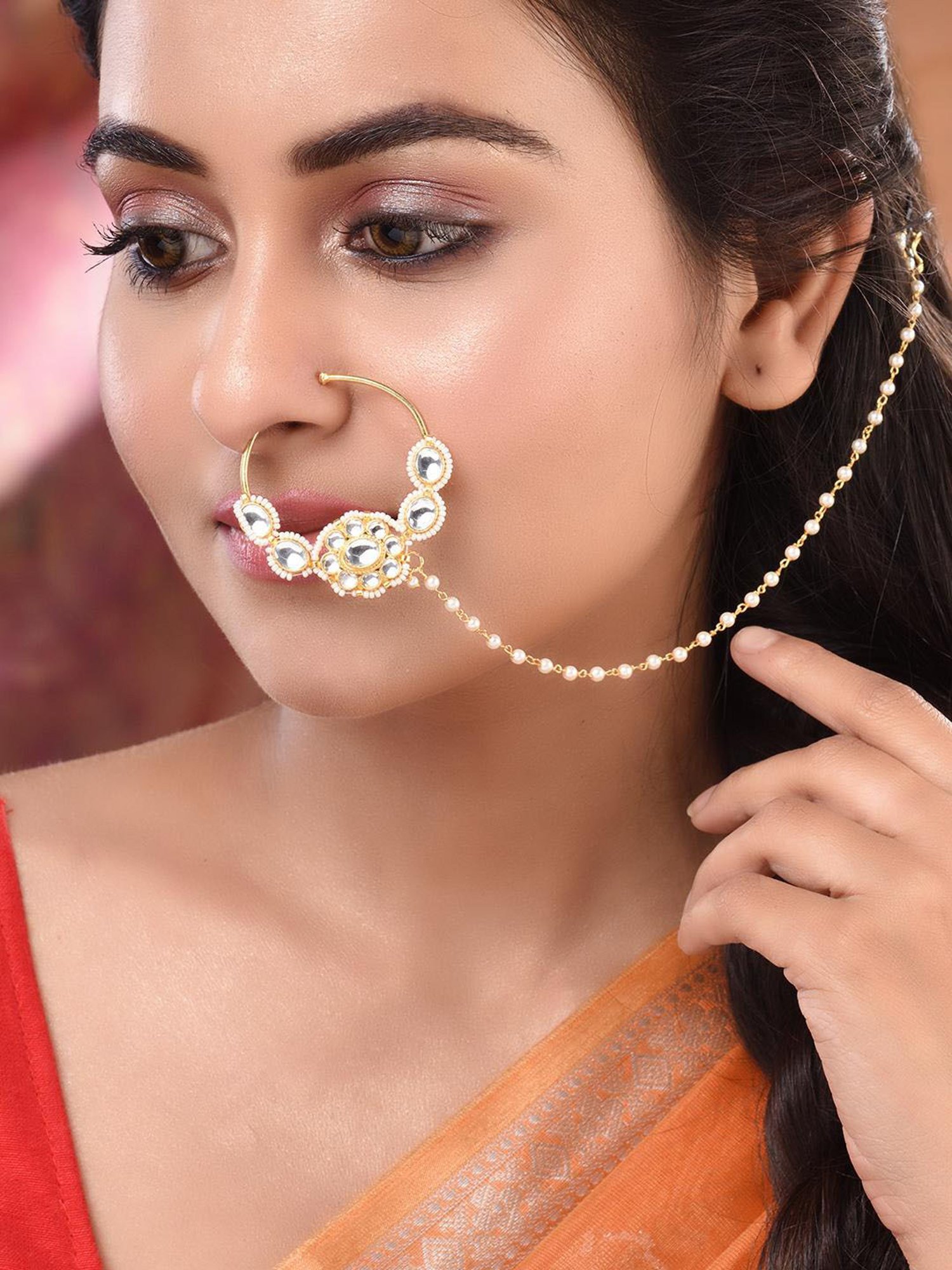 Saraf Rs Jewellery Gold Plated White Kundan Studded Floral Design Nath For Modern Brides