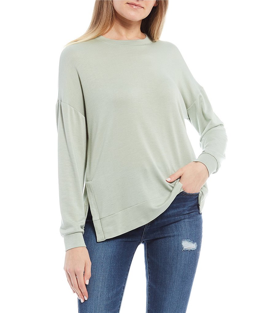 Moa Moa Long-Sleeve Side-Slit Knit Sweatshirt