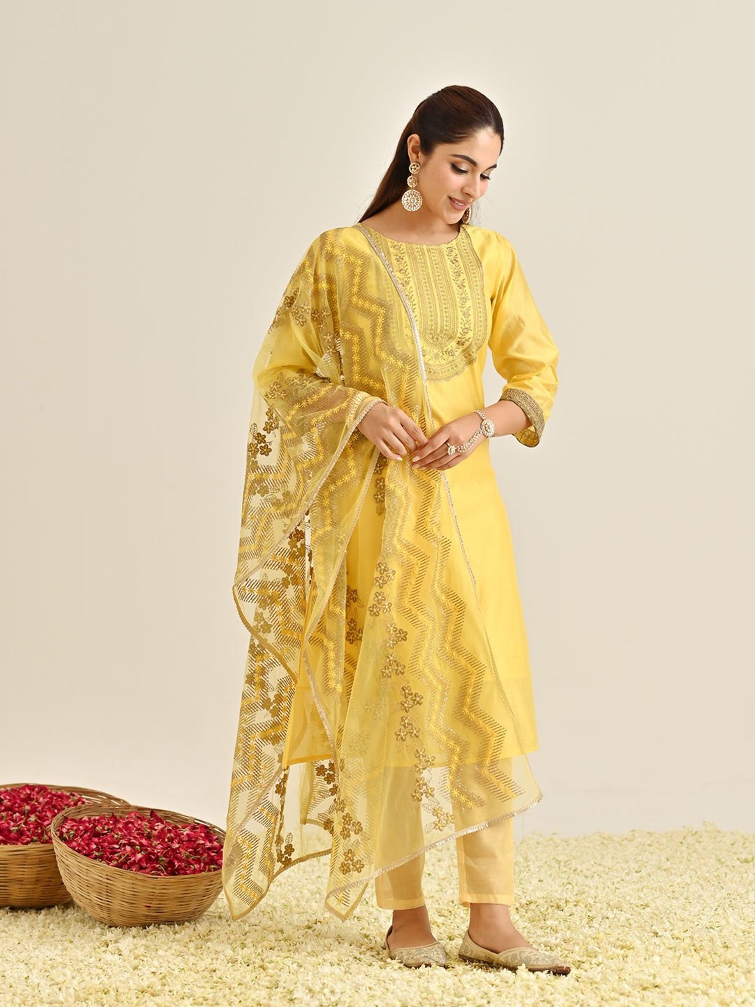 Rustorange Yellow Embroidered Kurta With Pant & Dupatta