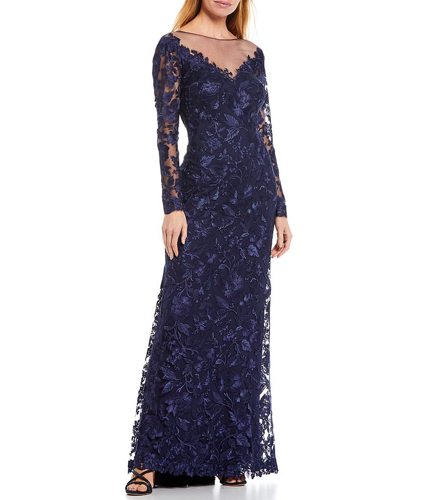Tadashi Shoji Long Sleeve Illusion Neck Floral Embroidered V-Back Lace Gown