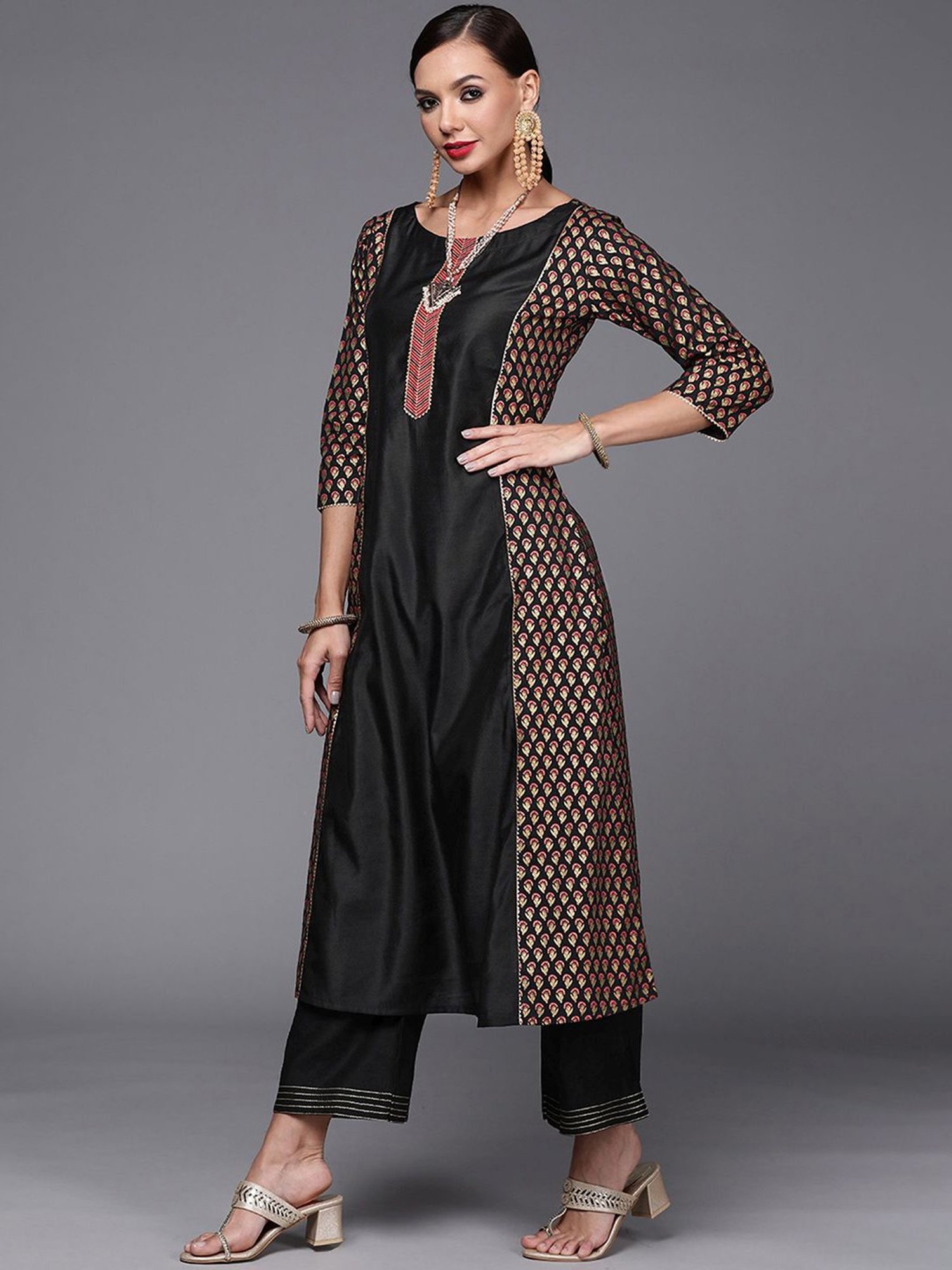 Indo Era Black Woven Pattern Kurta Palazzo Set With Dupatta