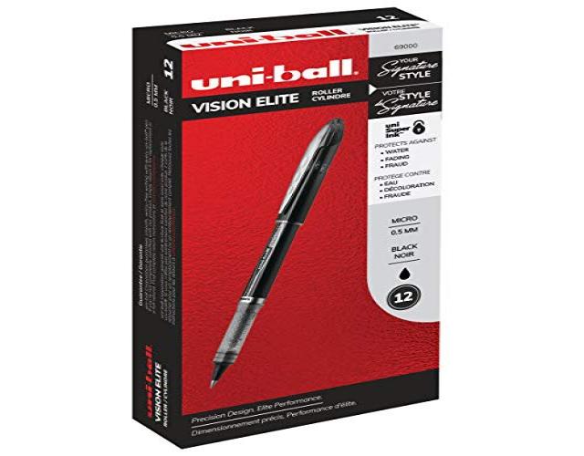 uni-ball VISION ELITE Rollerball, Stick Roller Ball Pen Micro-0.5mm, 12 Pack, Black Ink (69000)