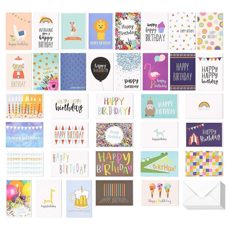 144-Pack Happy Birthday Cards Bulk Assortment, 36 Unique Assorted Designs, Blank Inside with Envelopes, for Workplace Employees Men Women Kids Parent