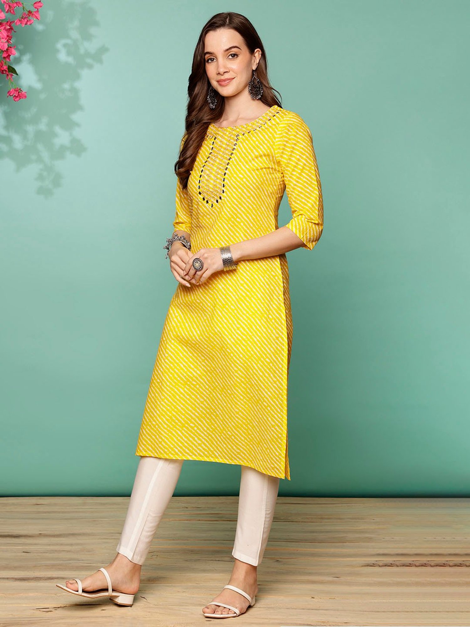 Rangita Yellow & White Cotton Striped Kurta Pant Set