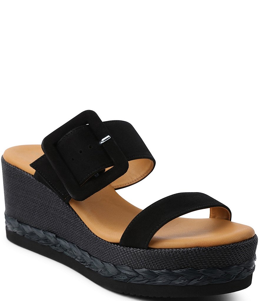Andre Assous Jean Suede Buckled Banded Braid Detail Wedge Slide Sandals
