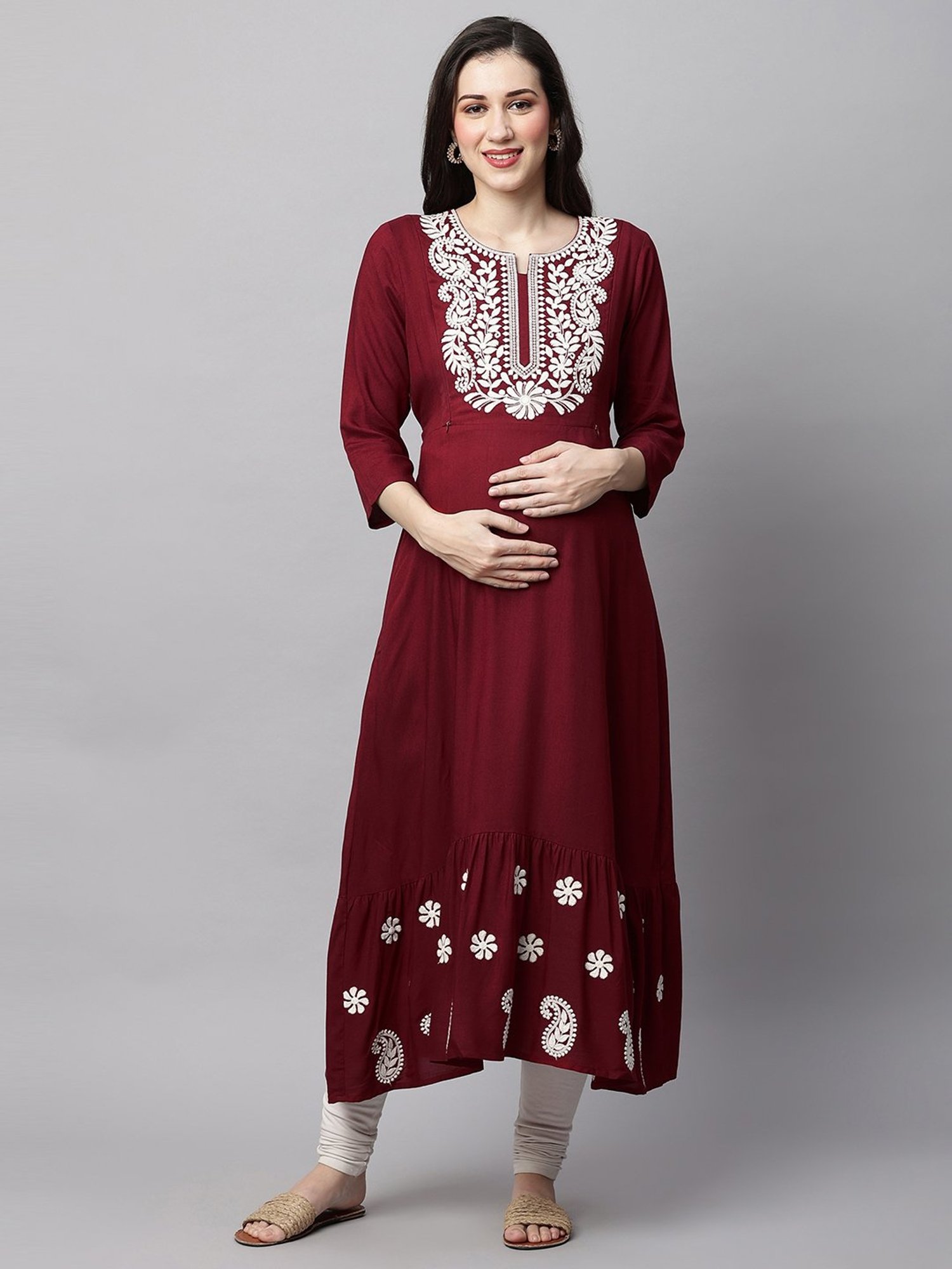 MomToBe Maroon Embroidered Maternity Kurti