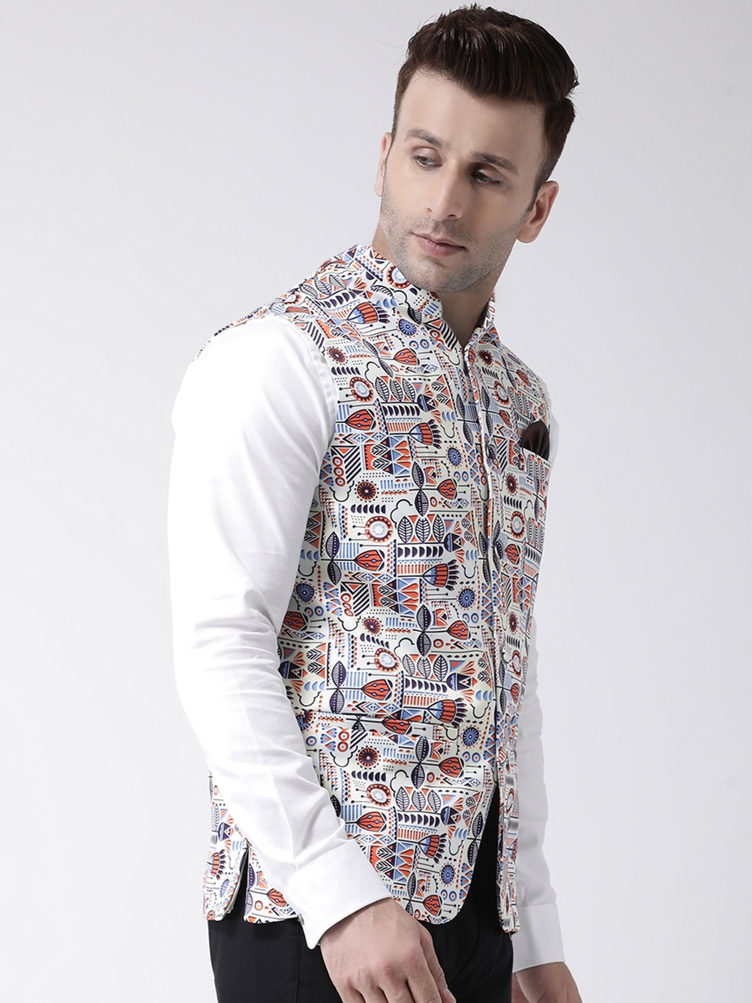 Hangup Plus White Regular Fit Printed Nehru Jacket
