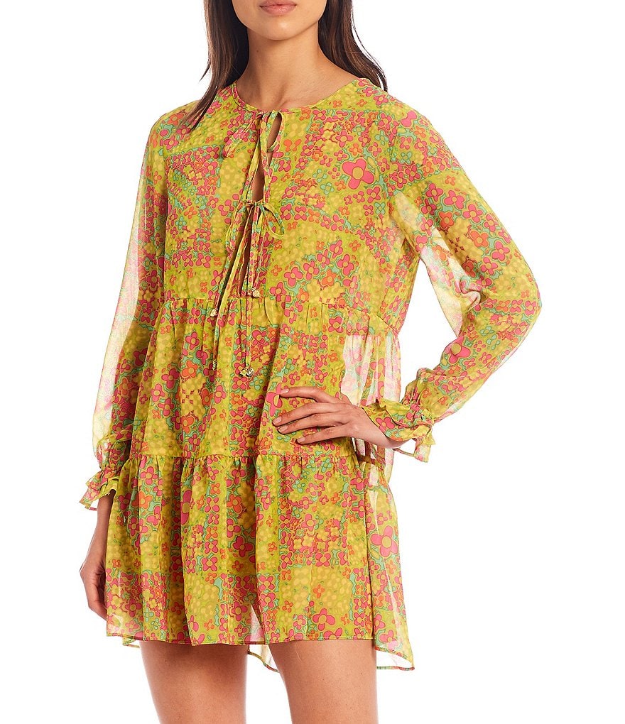 Julie Brown Catherine Long Sleeve Jewel Keyhole Neck Tiered Dress