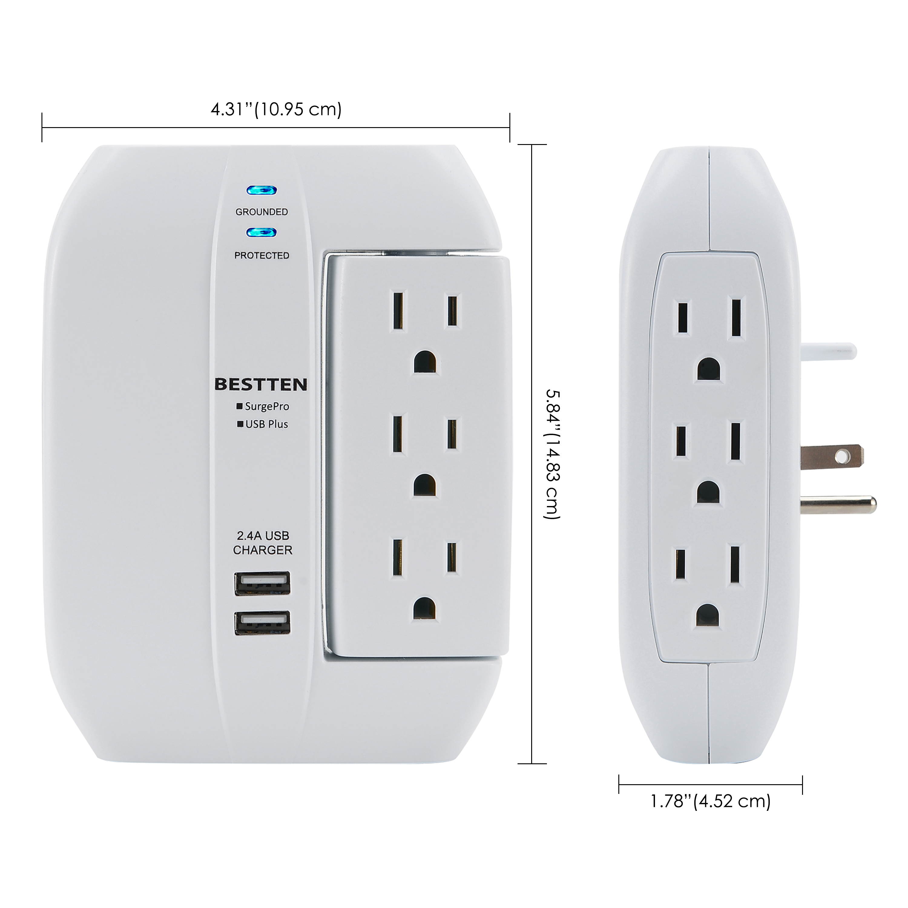 BESTTEN 6 Outlet (3 Swivel) Side Wall Tap Adapter, Surge Protector with 2 USB Charging Ports (2.4A total), 1350 Joule Surge Suppressor, ETL Certified, White