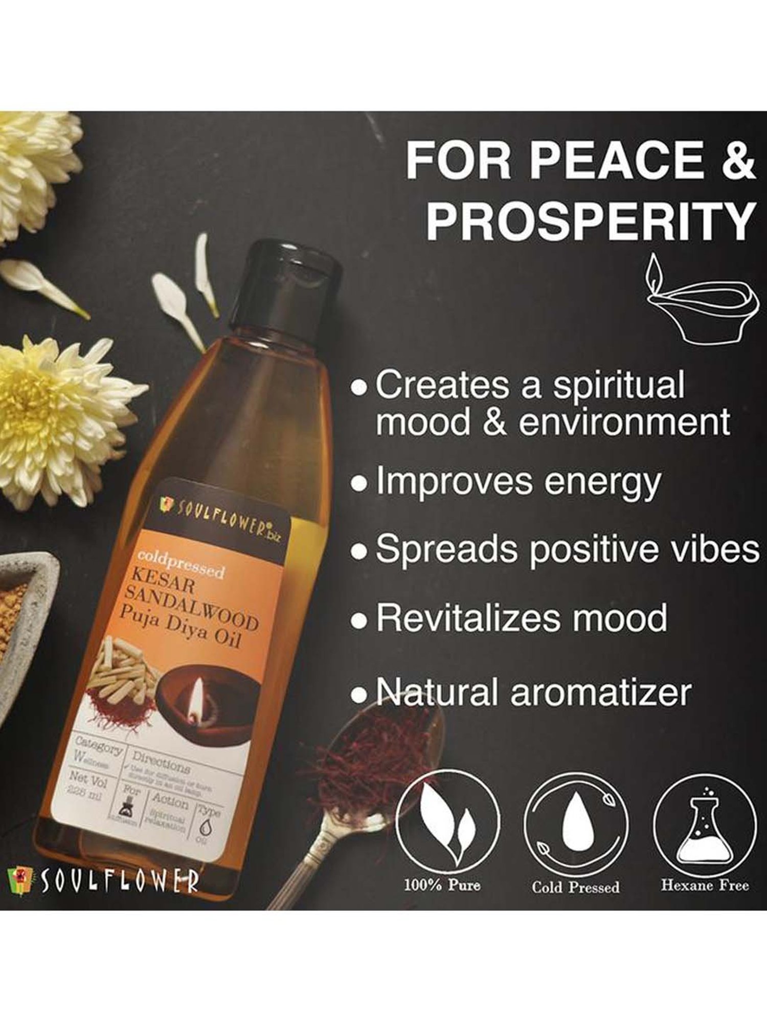 Soulflower Kesar Sandalwood Diya Oil (225 ml) - Set of 1