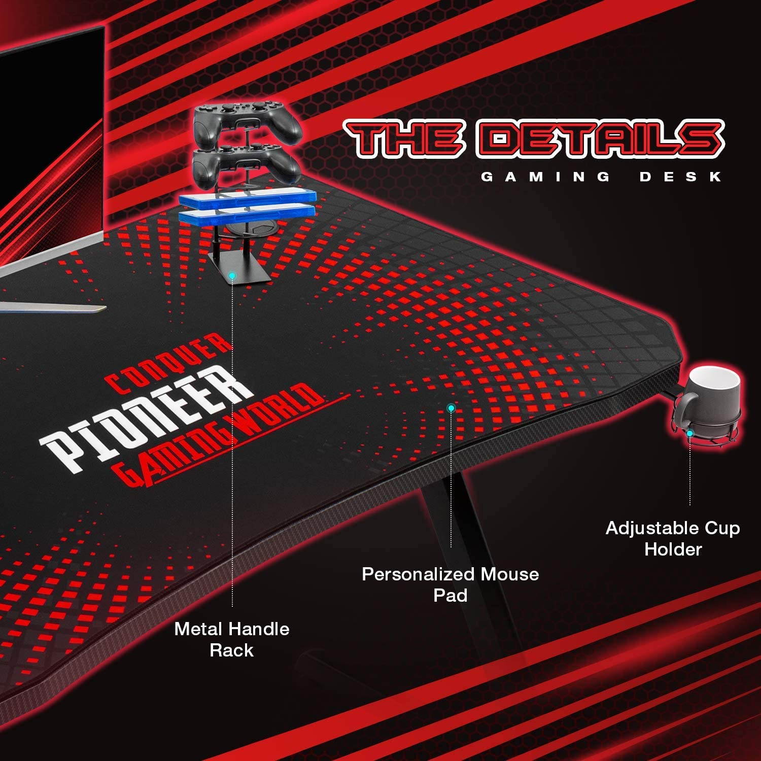 Devoko Gaming Desk 63 Inch Computer Gaming Desk Z-Shaped Pc Gaming Desk with Carben Fiber Surface Gamer Desk with Free Mouse Pad Home Office Desk with Cup Holder and Headphone Hook (Red)