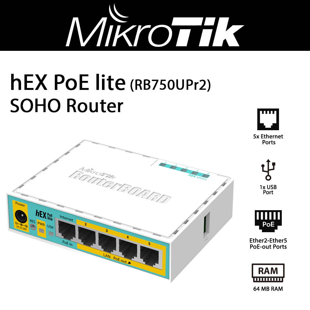 Mikrotik hEX PoE lite RB750UPr2 SOHO Router with 5x Ethernet Ports and 1x USB 2.0 Port
