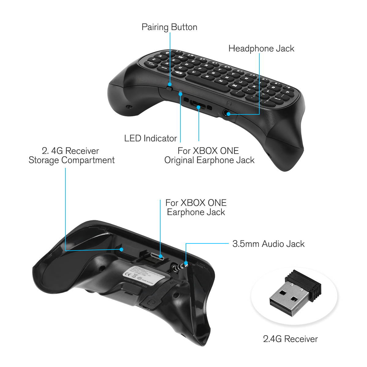 FirstPower Xbox one keyboard, megadream mini wireless game  keyboard with 3.5mm audio / headset jack and mouse function, keypad game handle for Microsoft Xbox one, Xbox one s controller and PC- 2.4