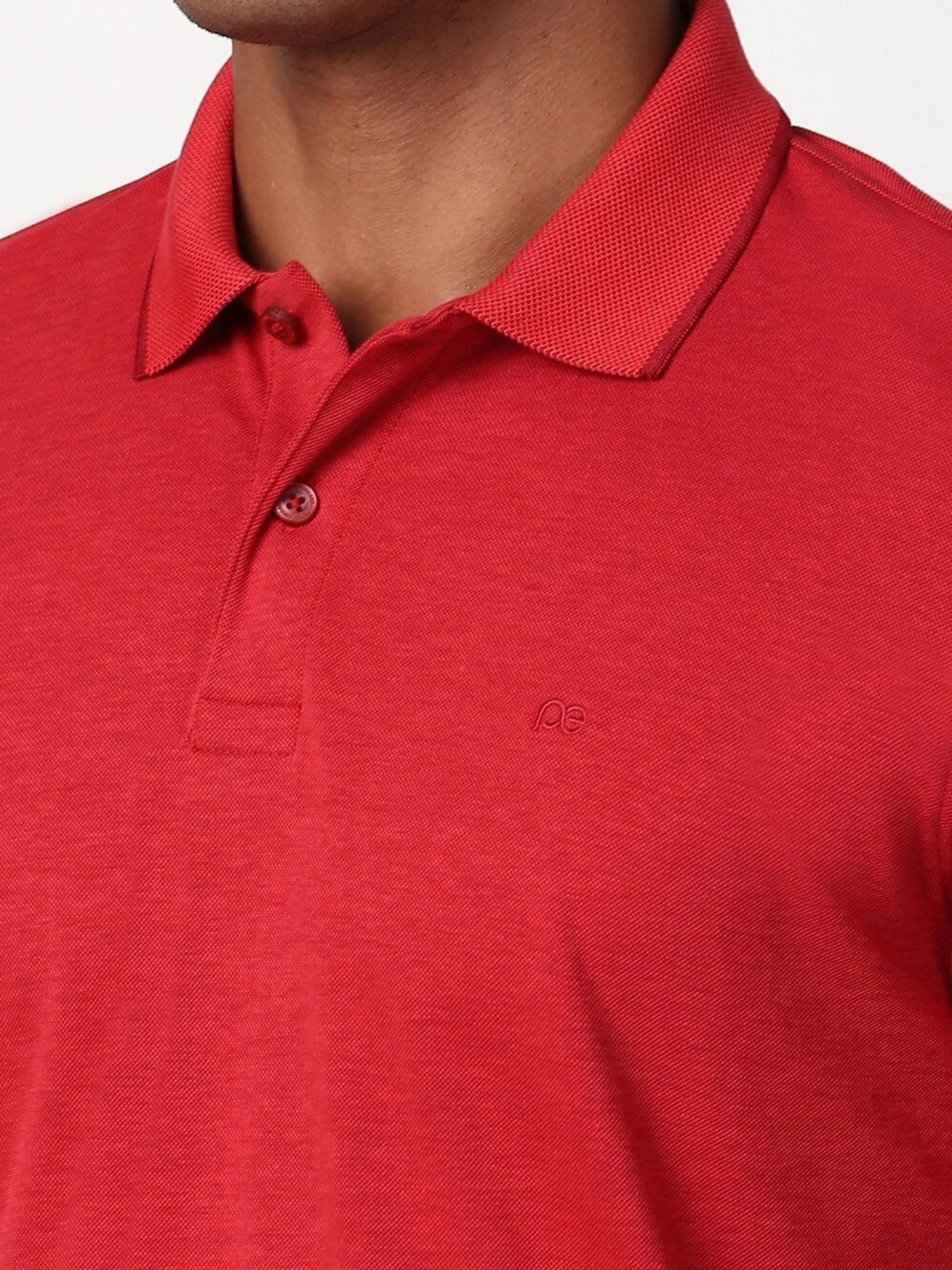Peter England Red Cotton Regular Fit Self Pattern T-Shirt