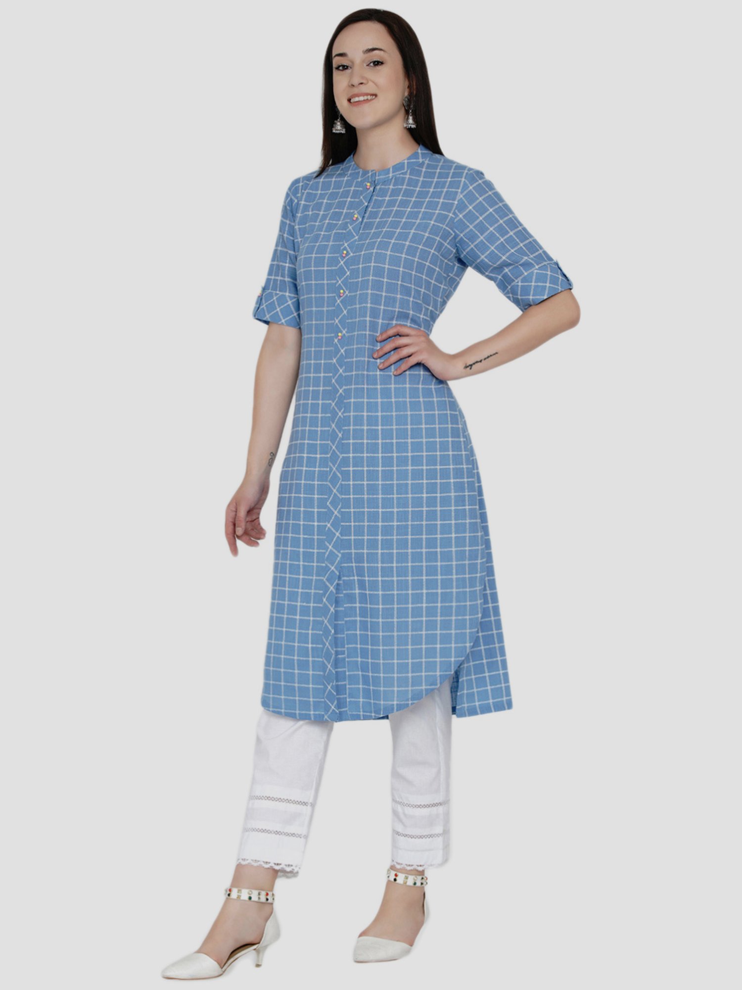 Women Republic Blue & White Cotton Chequered Kurta Pant Set