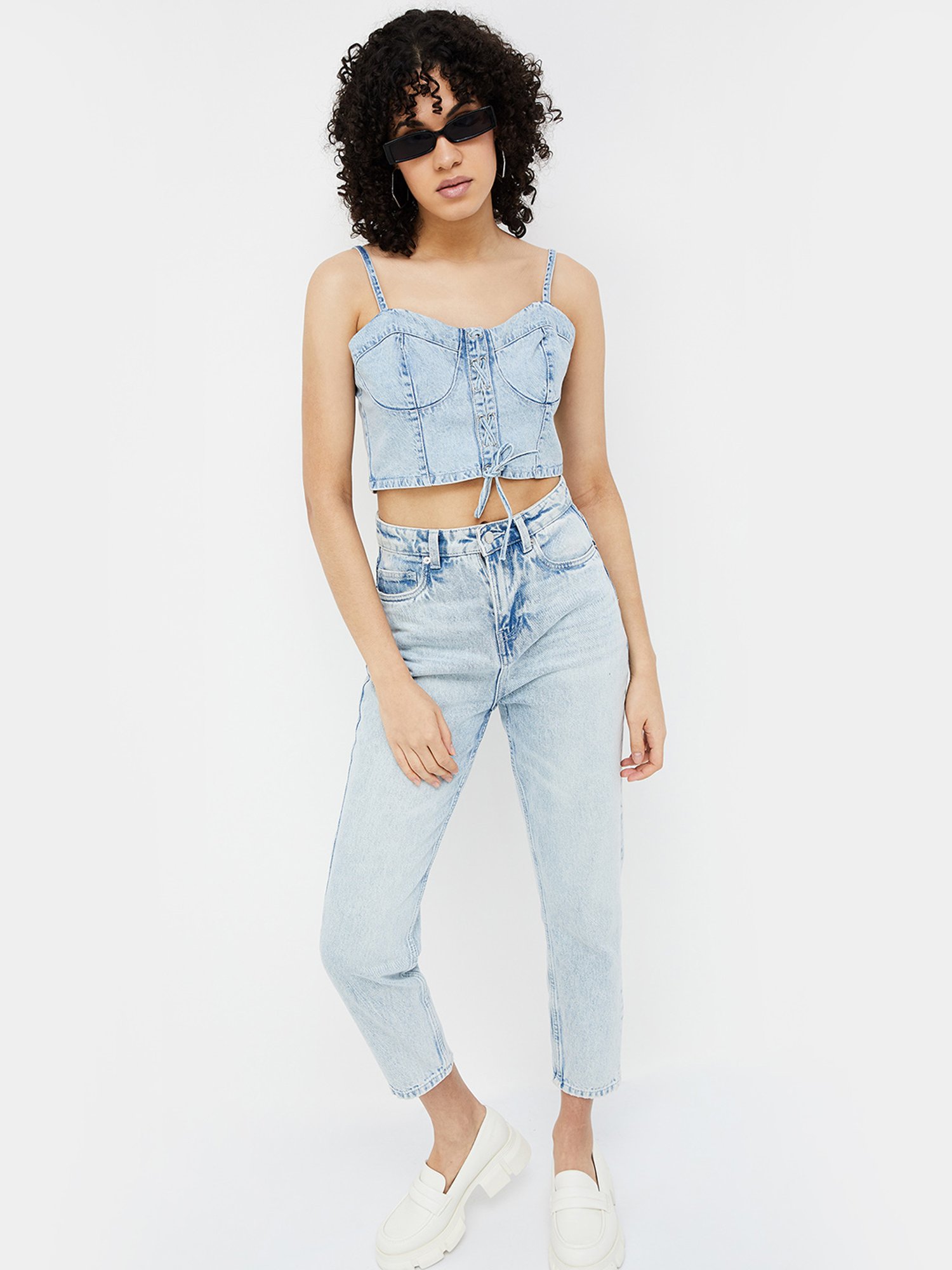 Ginger by Lifestyle Light Blue Cotton Regular Fit Crop Top