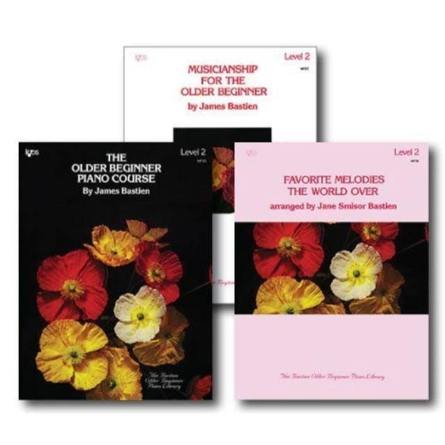 bastien the older beginner piano level 2 library set  three book pack  includes the older beginner piano course, musicianship for the older beginner and favorite melodies the world over books