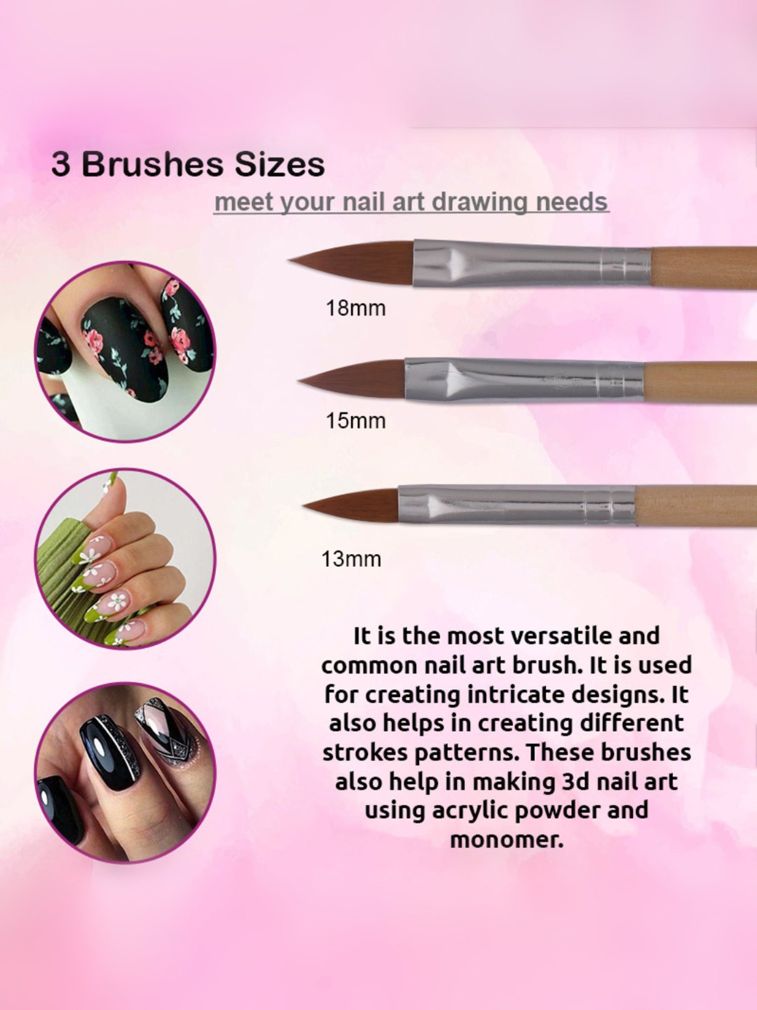 Bronson Professional Nail Art Acrylic Brush Set - Pack of 3