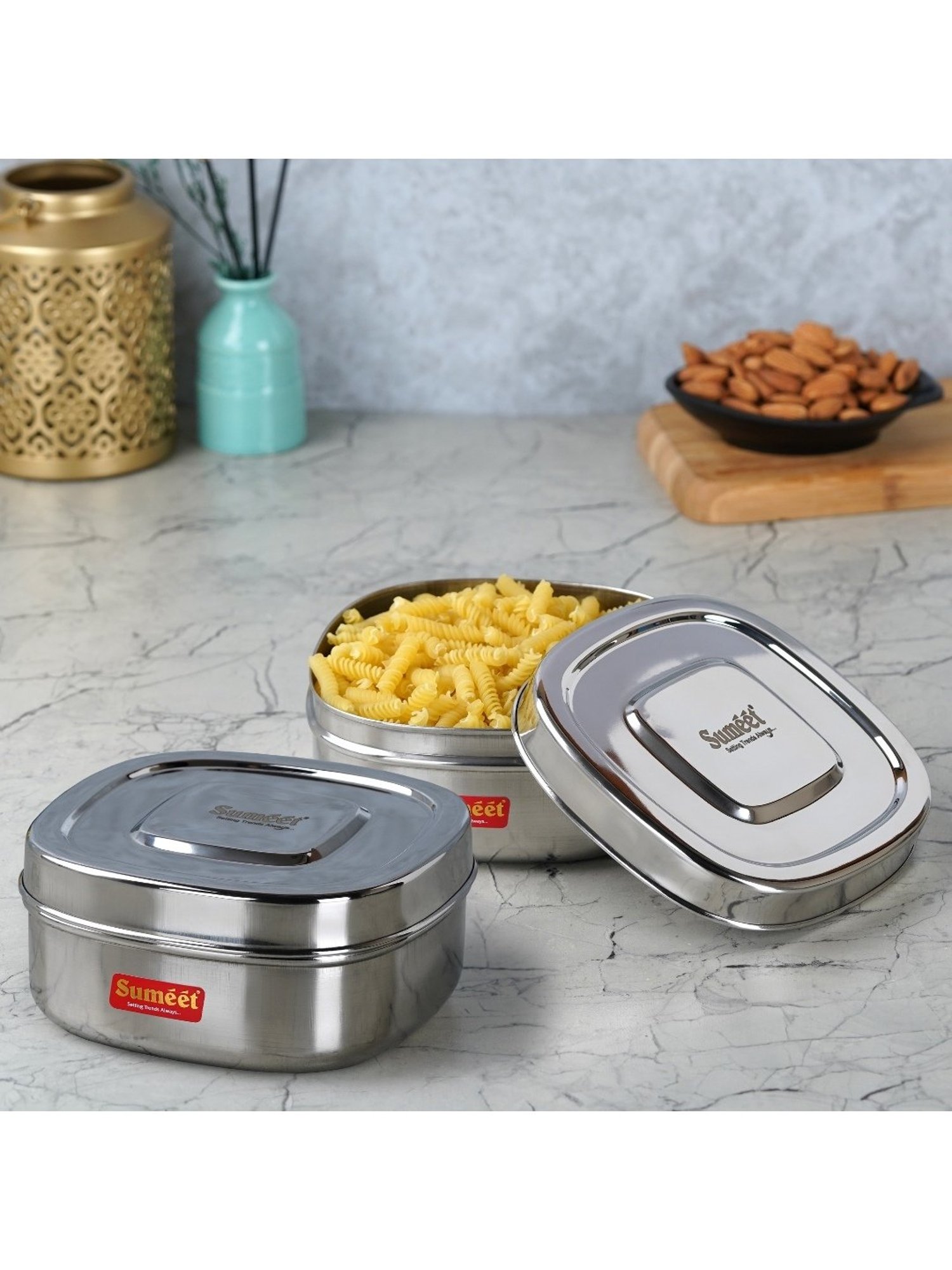 Sumeet S.S. Square Storage containers box/Dabba for Kitchen, Set of 2Pcs, 1000ml, 14cm Dia, Silver