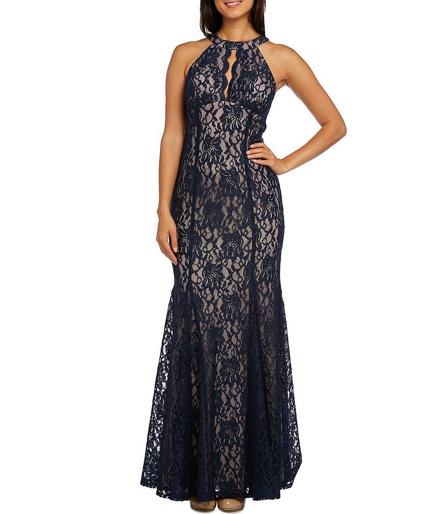 R & M Richards Long Glitter Lace Halter Neck Keyhole Front Sleevless Mermaid Dress