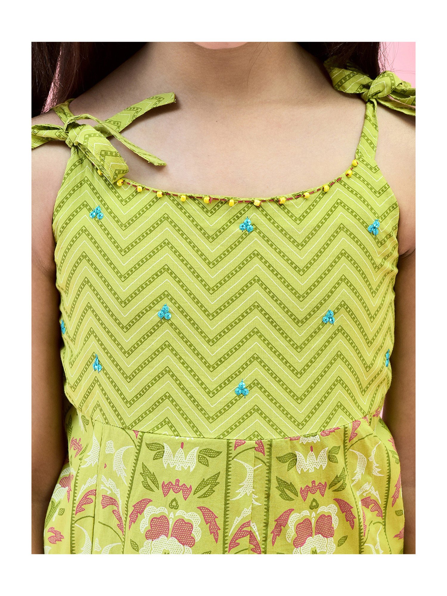 Juniper Girls Green Floral Print Anarkali Dress