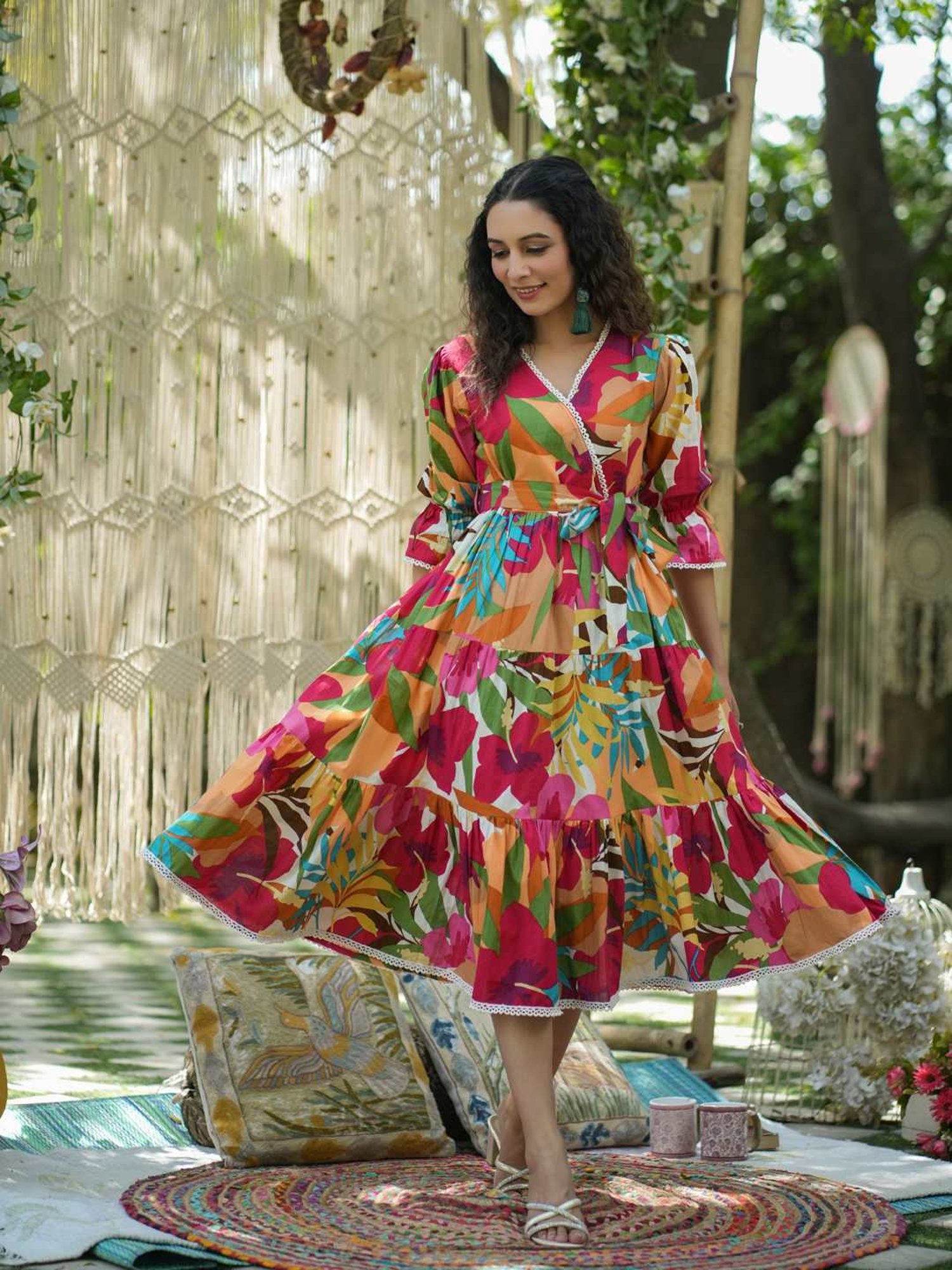 Rain and Rainbow Multicolored Cotton Floral Print A-Line Dress