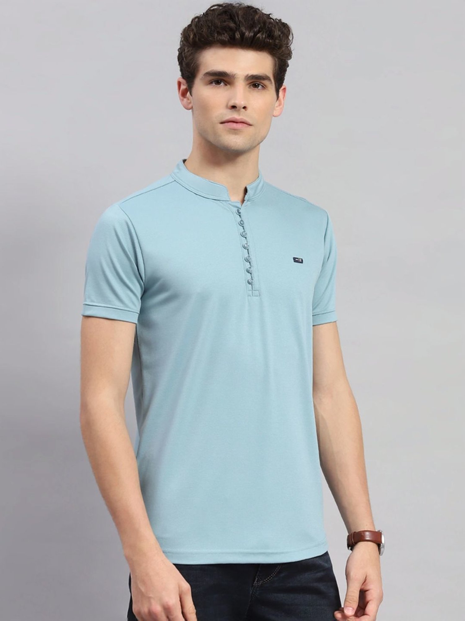 Monte Carlo Sky Blue Regular Fit Henley T-Shirt