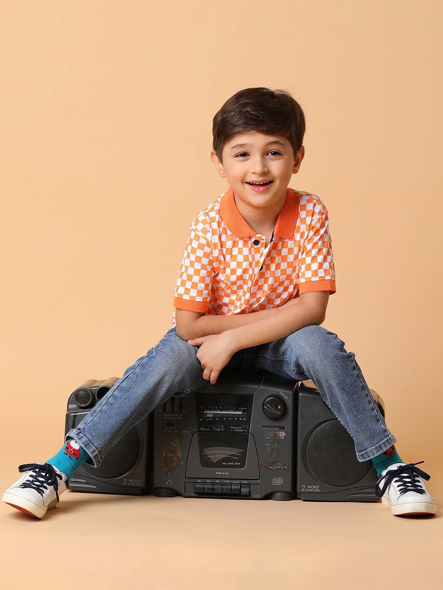 Tales & Stories Kids Orange & White Cotton Chequered Polo T-Shirt