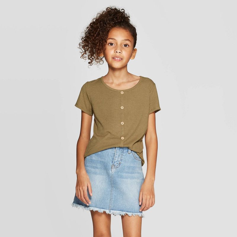 Girls' Rib Button-Front Short Sleeve T-Shirt - art class™ Olive XL